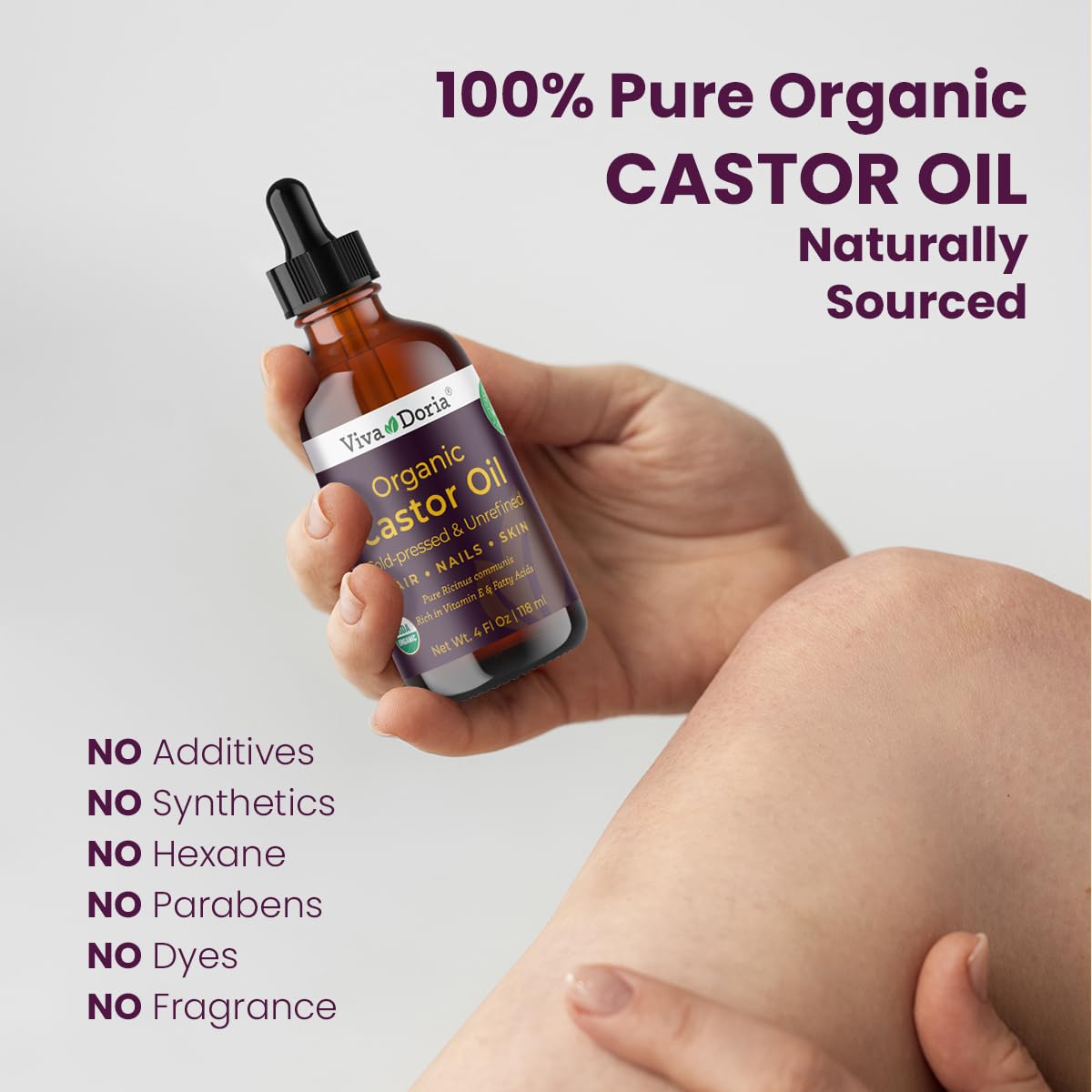 Viva Doria Organic Castor Oil, 4 Fl Oz | Virgin, Cold Pressed, Hexane-Free, Vegan | Nourishing Hair & Skin Care | Eyelash & Brow Serum | Glass Bottle