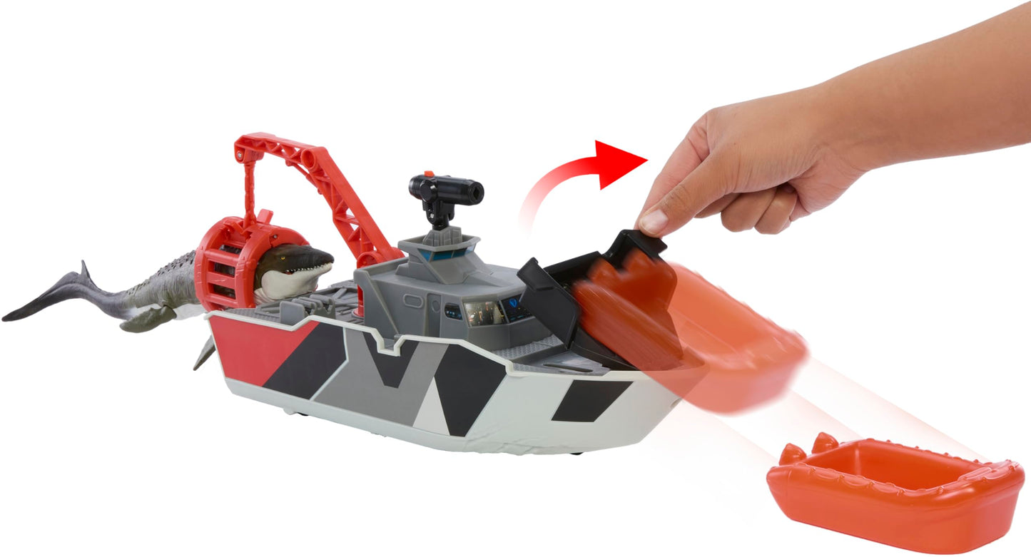 Mattel Matchbox Toy Car Playset, Jurassic World 12.5” Dino Boat with 13” Mosasaurus Dinosaur, 1:64 Die-Cast Jeep, Harpoon Missiles & Detachable…