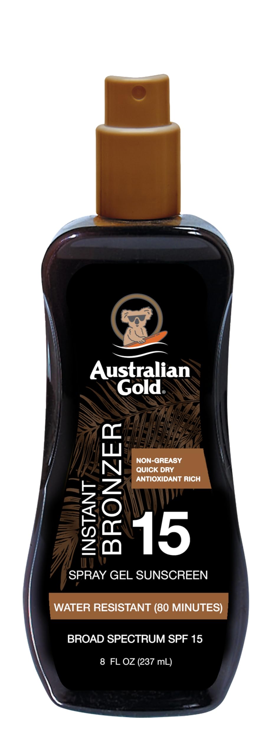 Australian Gold Spray Gel Sunscreen with Instant Bronzer SPF 15, 8 Ounce | Moisturize & Hydrate Skin | Broad Spectrum | Water Resistant | Non-Greasy
