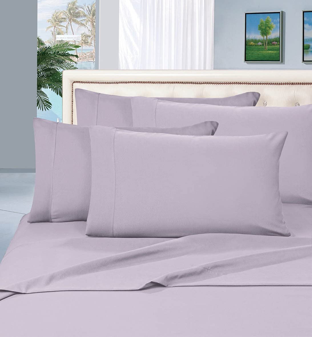 CELINE LINEN Wrinkle and Fade Resistant 1800 Premier Luxurious 5-Piece Bed Sheet Set, Deep Pocket up to 16 inch, Split King, Lilac