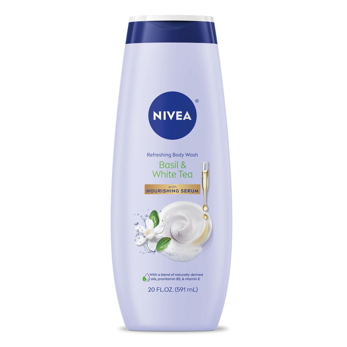 NIVEA Refreshing Basil and White Tea Body Wash with Nourishing Serum, Scented Body Wash for Women, Enriched with Provitamin B5 and Vitamin E, 20 Fl Oz