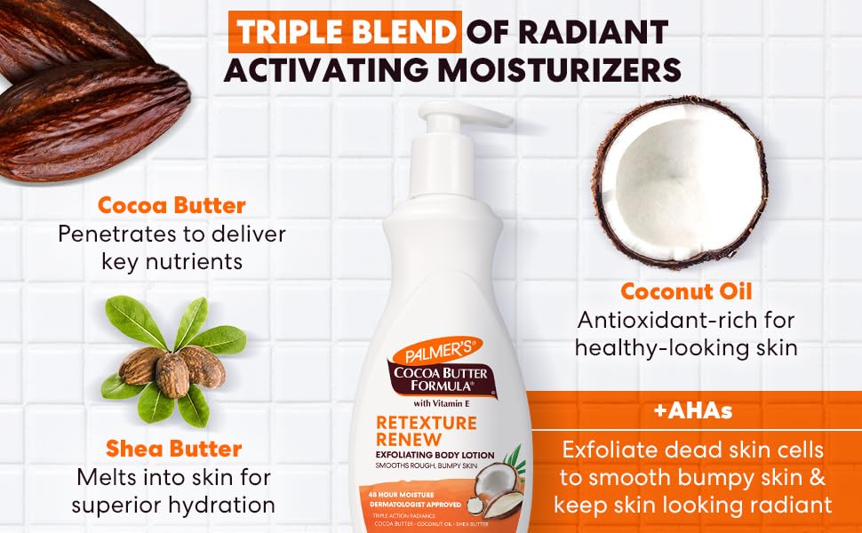 Palmer's Cocoa Butter Formula Retexture & Renew Exfoliating Body Lotion for Rough & Bumpy Skin, Triple Action Moisturizers + AHAs, Pump Bottle, 13.5