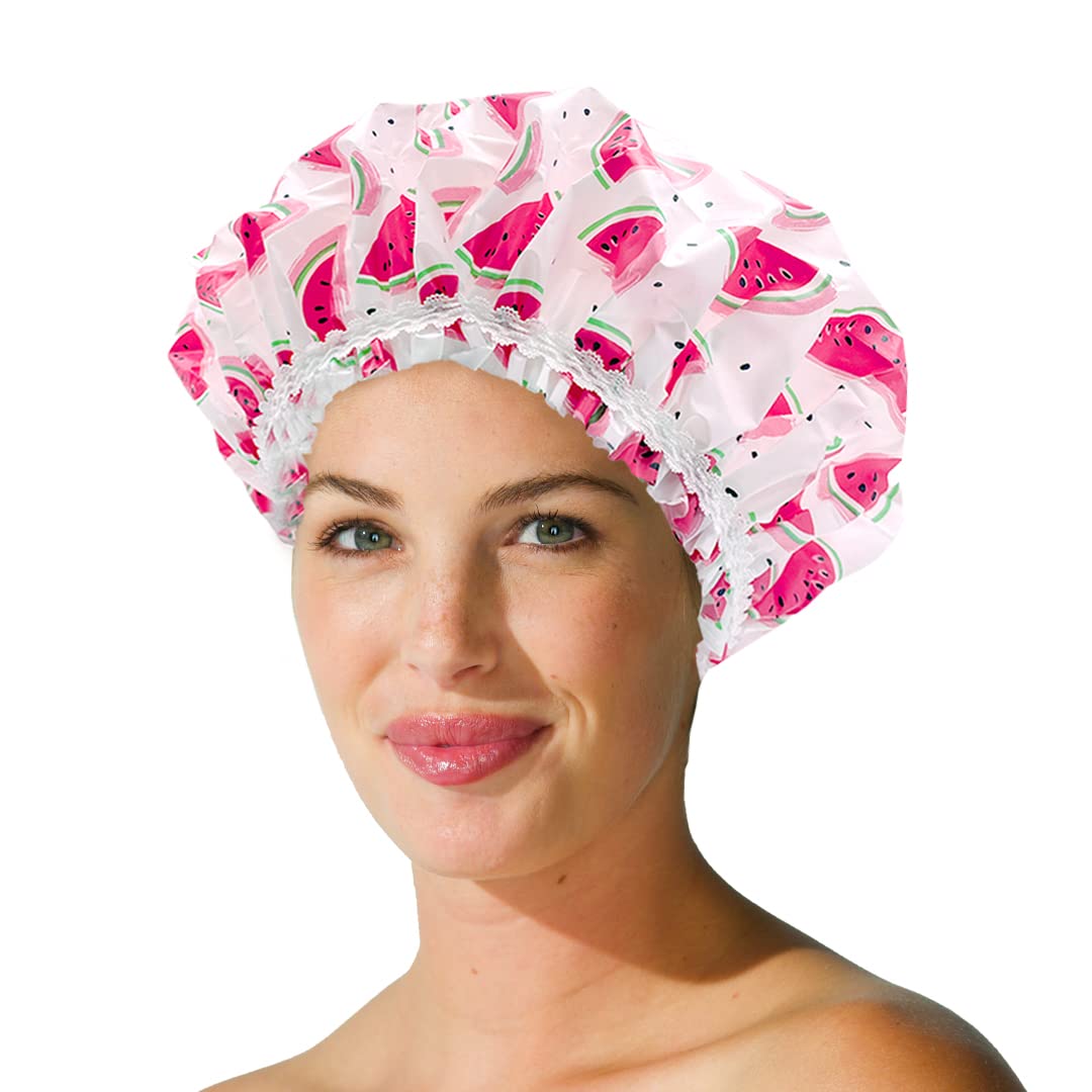 Reusable Vinyl Shower Cap & Bath Cap, Frosted PEVA Elastic Stretch Hem. Multi-Use Waterproof Stretchy Hair Cap for all Hair Lengths - One In A Melon