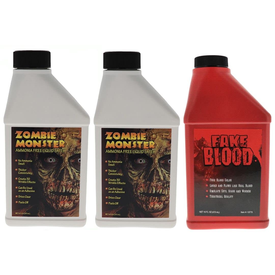 FX Zombie Ammonia Free Liquid Latex 2 Pack + Fake Blood for Halloween Vampire, Monster, Zombie Makeup and Dress up, Ideal for Art, Theater, Stage