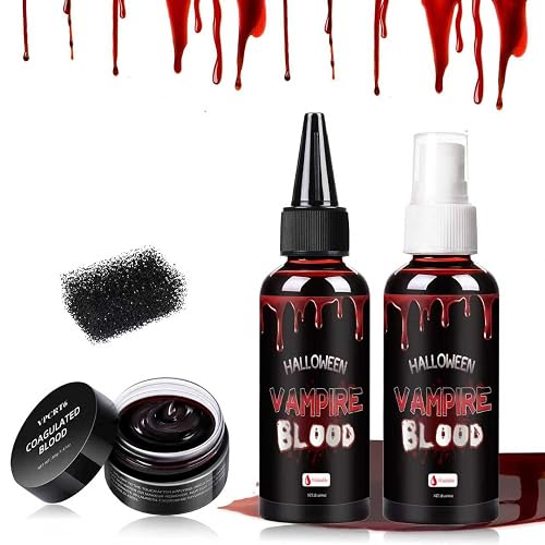 Halloween Fake Blood Kit, Washable Realistic Fake Blood Spray + Fake Blood Gel Makeup for Costume, Perfect for Vampire Makeup, Clown & Sfx & Cosplay