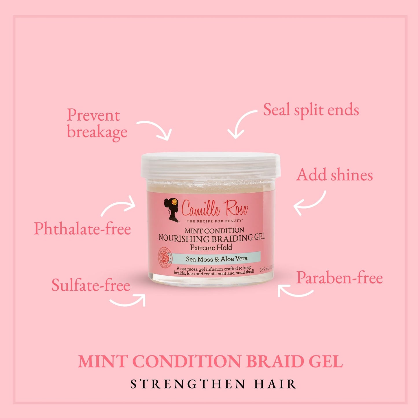 Camille Rose Braiding Gel, Mint Condition - Sea Moss & Aloe Vera Braid Gel for Dry, Itchy Scalp, Flake & Frizz Control, 12 Oz