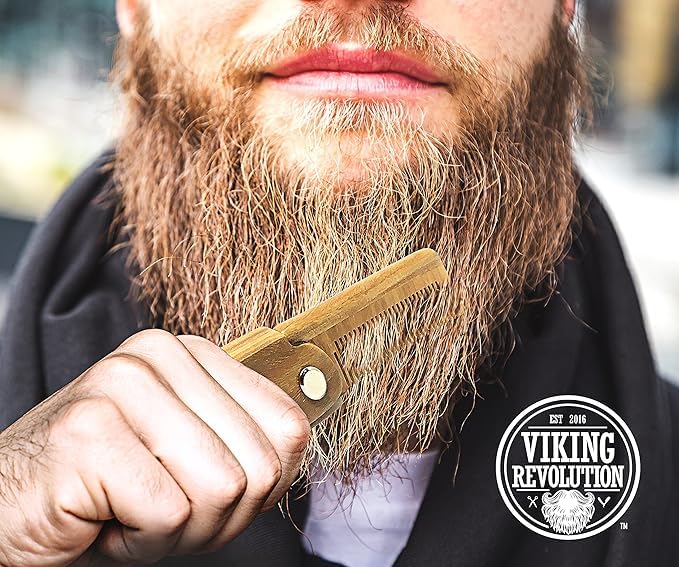 Folding Beard Comb w/Carrying Pouch for Men - All Natural Wooden Beard Comb w/Gift Box - Green Sandalwood Comb for Grooming & Combing Hair, Beards
