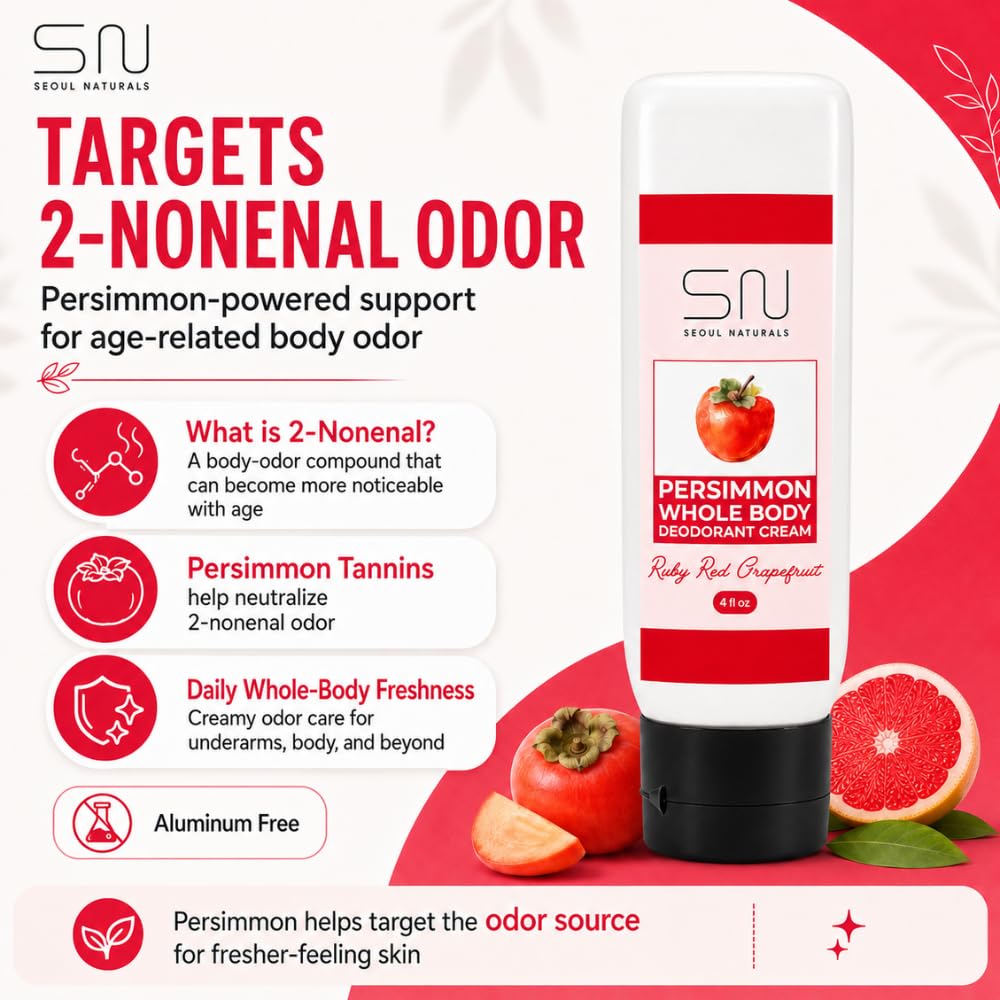 Seoul Naturals Persimmon Whole Body Deodorant Cream, Ruby Red Grapefruit Scented, Eliminates Nonenal Odors, k beauty inspired, 4fl oz Beauty and Personal Care Seoul Naturals