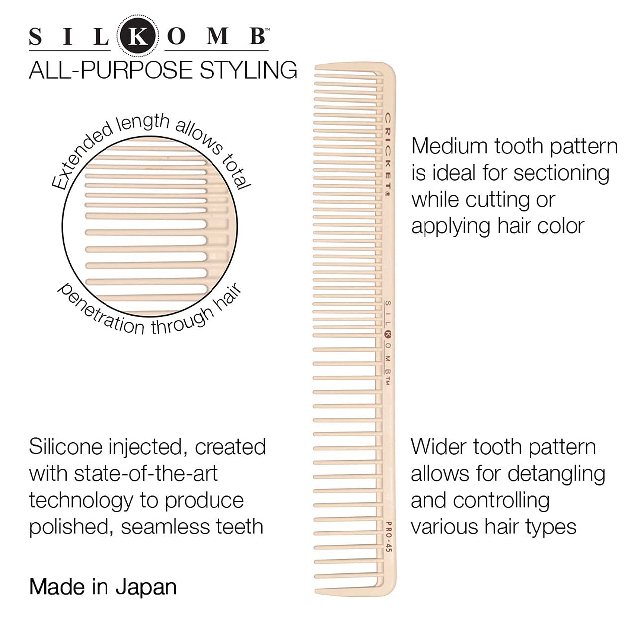 Cricket Silkomb Pro-45 All Purpose Professional Hair Stylist Comb - Japanese Made, Silicone Injected, Dual Tooth Patterns for Detangling, Cutting