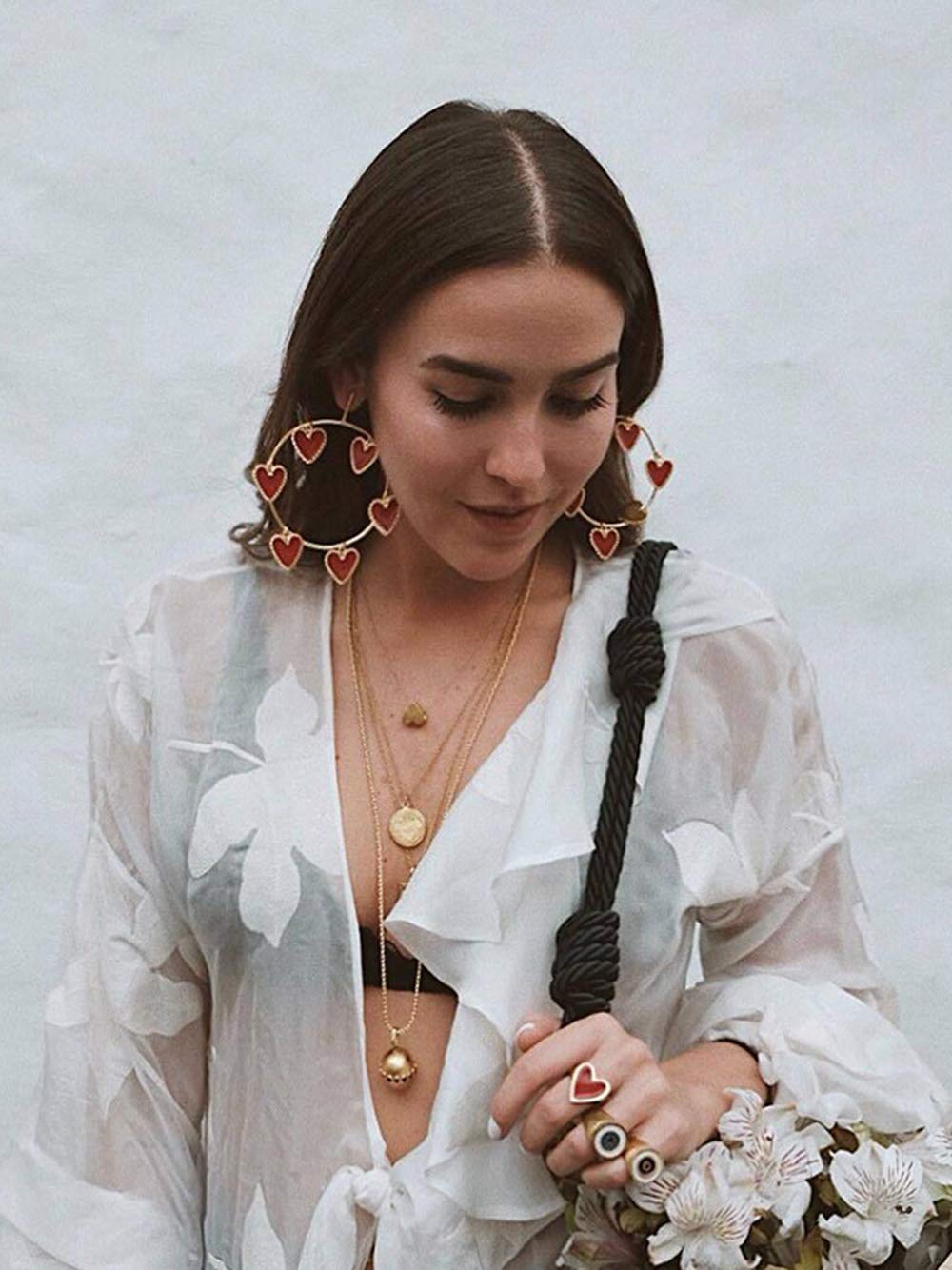 Doubnine Large Hoop Earrings Red Heart Circle 80s Silver Dangle Earrings Wedding Bridal Love Sweet Bohemian Jewelry for Women Girls