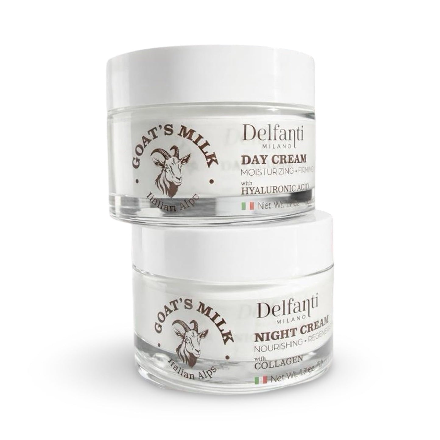 Delfanti-Milano • FULL SIZE DUO PACK • GOAT'S MILK with HYALURONIC ACID Day Cream and GOAT'S MILK with COLLAGEN Night Cream • Face and Neck