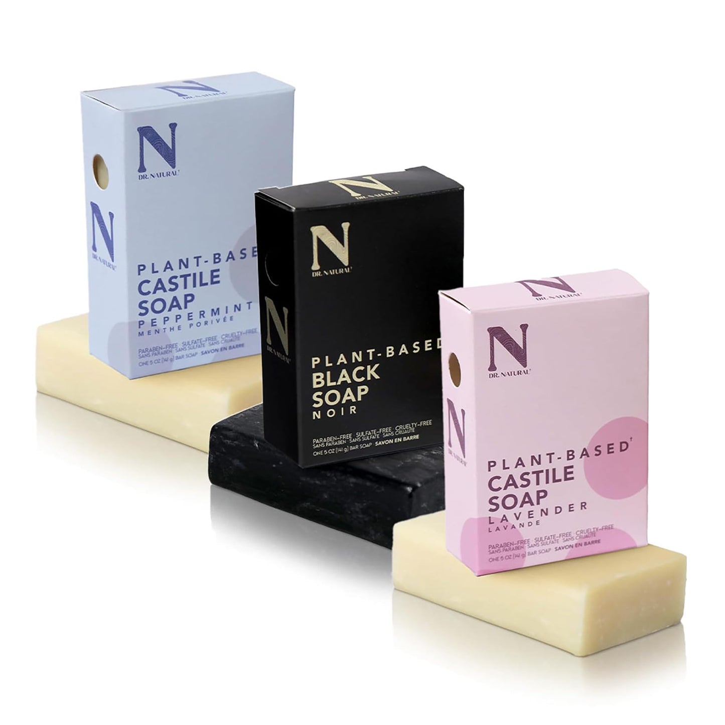 Dr. Natural Castile and Black Bar Soap Set - Multipurpose Soap Bar with Anti-Acne Properties - Lavender, Peppermint, Black Soap - 3 pc