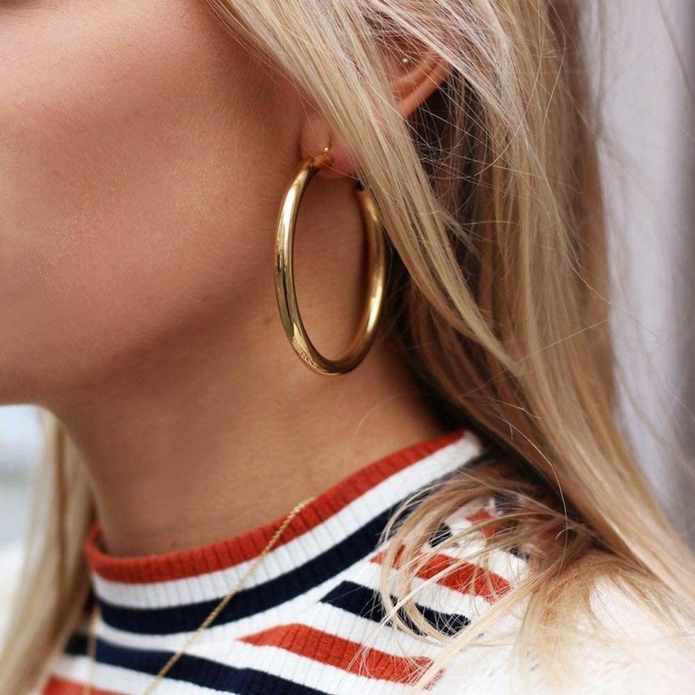 Doubnine Tube Hoop Earrings Gold Lightweight Large Earrings Women Fashion Jewelry (50mm, gold)