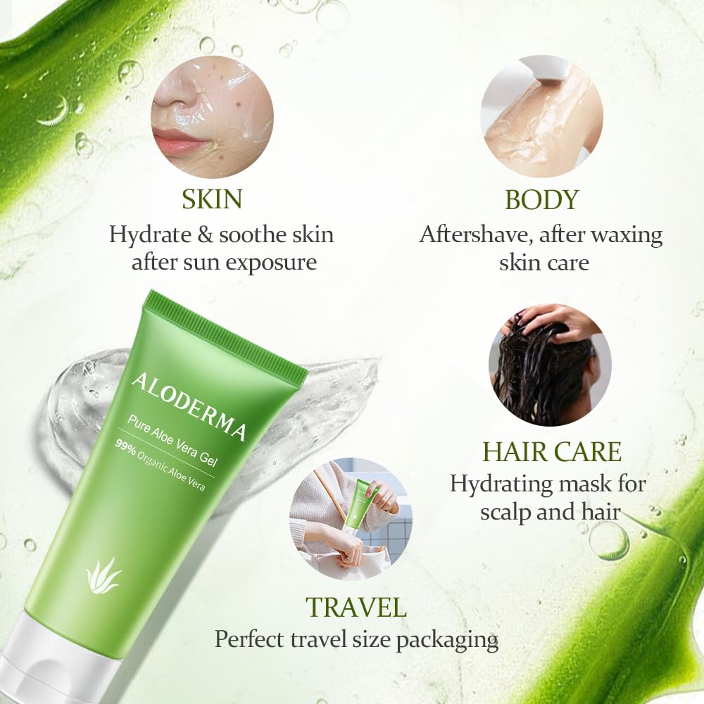 Aloderma Aloe Vera Gel Made within 12 Hours of Harvest with 99% Pure Organic Aloe Vera, Easy Travel Size Tube for Body, Face, & Scalp, Cooling Beauty and Personal Care Aloderma