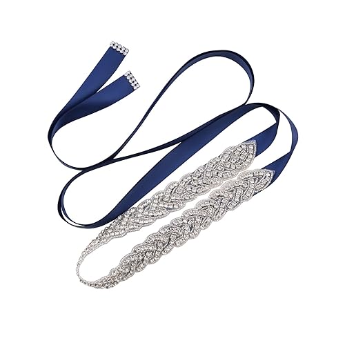 Jovbridsea Crystal Wedding Sash Belt with Rhinestone Bridal Belt Handmade Bridesmaid Belts for Dress (Sliver,Navy)