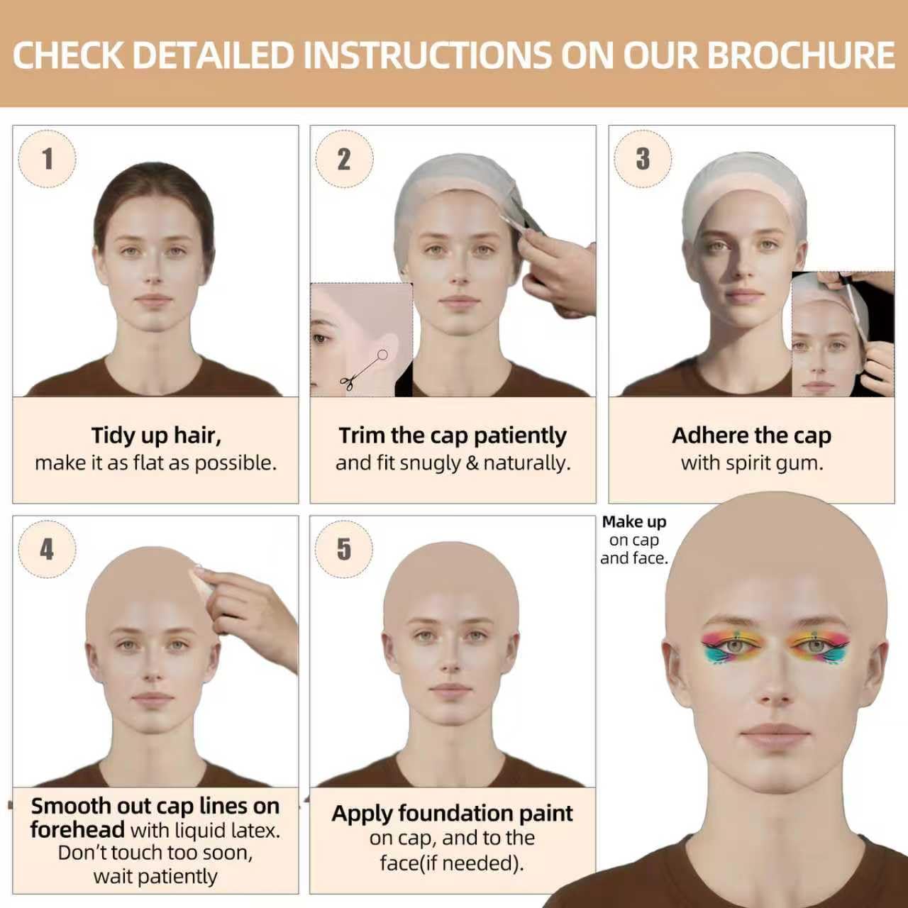 Bald Cap Halloween Makeup Kit for Men & Woman, Complete Bald Cap Costume Character Set , SFX Makeup Kit, Professional Realistic Bald Cap Kits