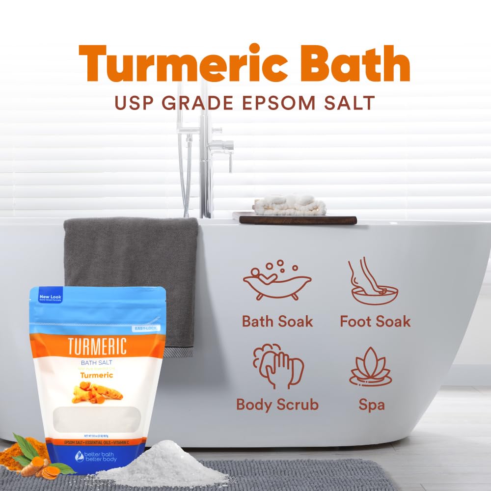 Turmeric Bath Salt 32 Oz Epsom Salt with Essential Oils Turmeric, Cinnamon, Orange Plus Vitamin C in BPA-Free Pouch with Easy Press-Lock Zipper |
