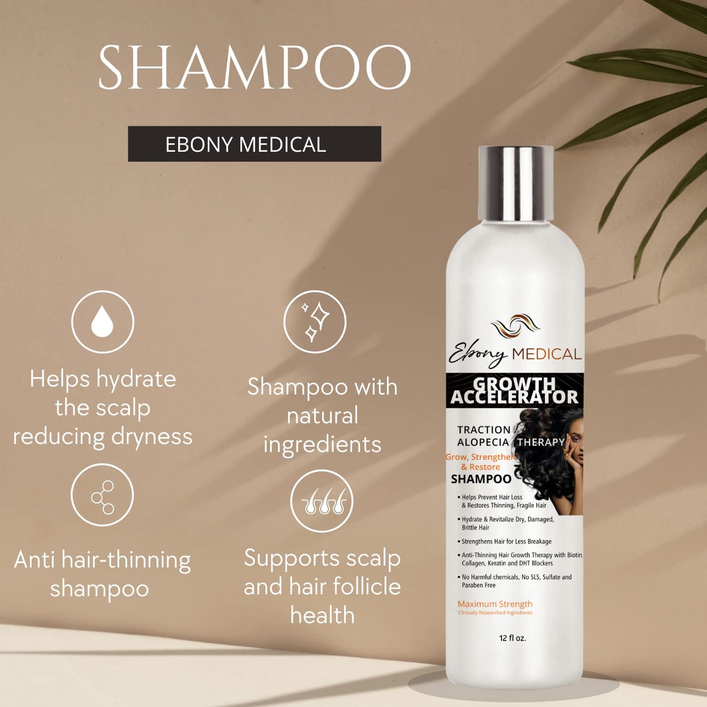 Ebony Medical Hair Support Shampoo - Thinning Hair & Patchy Hair Solution - Strengthens Strands, Scalp Health & Volume - Natural, Vegan, Sulfate-Free