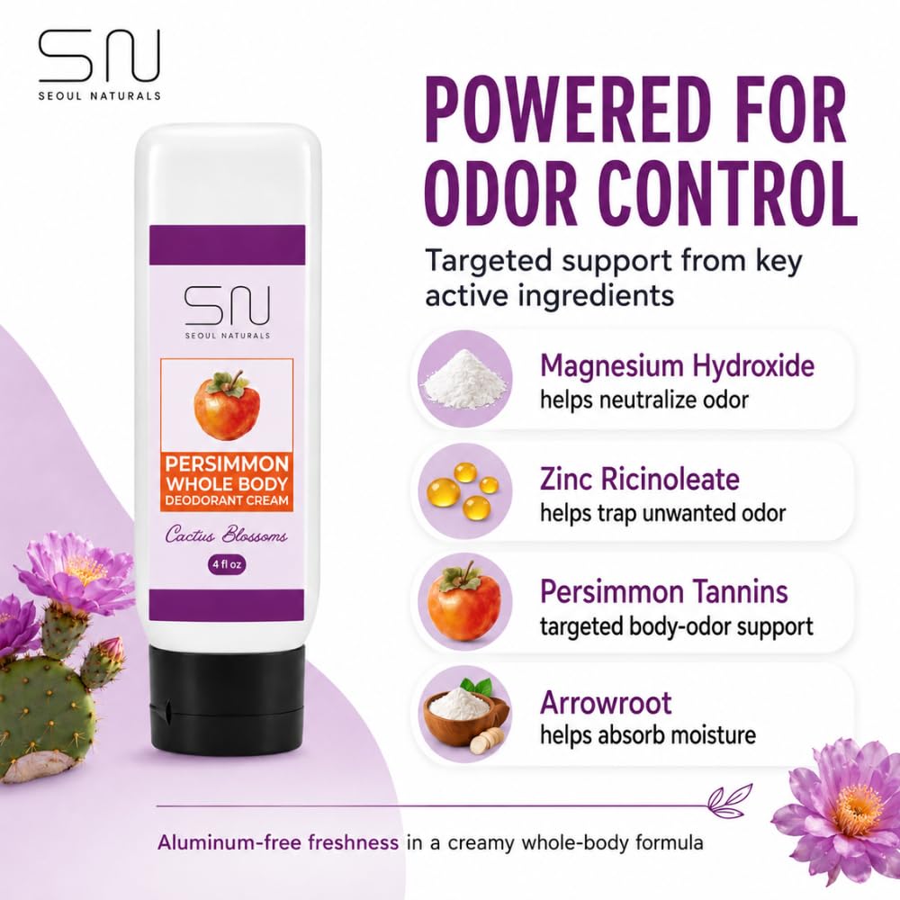 Seoul Naturals Persimmon Whole Body Deodorant Cream, Cactus Blossoms Scented, Eliminates Nonenal Odors, k beauty inspired, 4fl oz Beauty and Personal Care Seoul Naturals