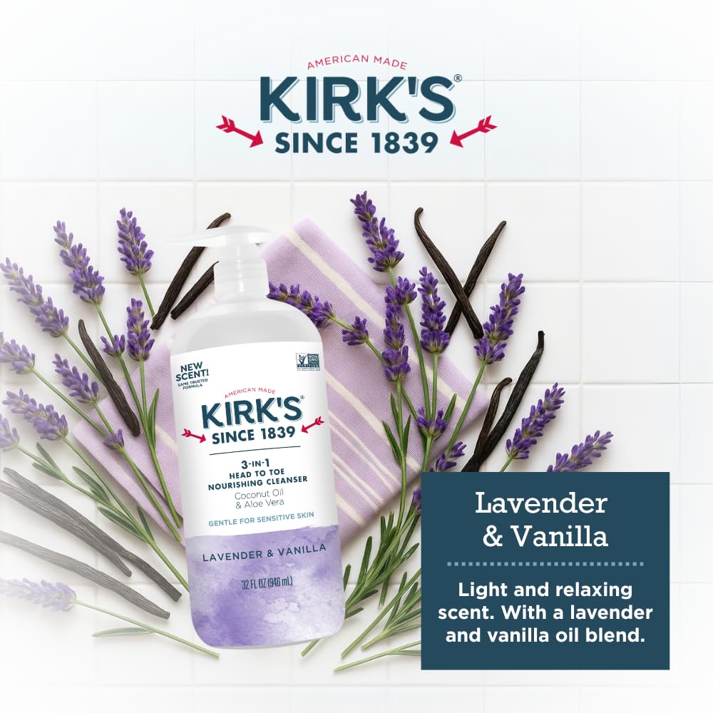 Kirk's 3-in-1 Head to Toe Nourishing Liquid Cleanser- for Men, Women & Children - Premium Coconut Oil & Aloe Vera- Non GMO & Vegan - Lavender