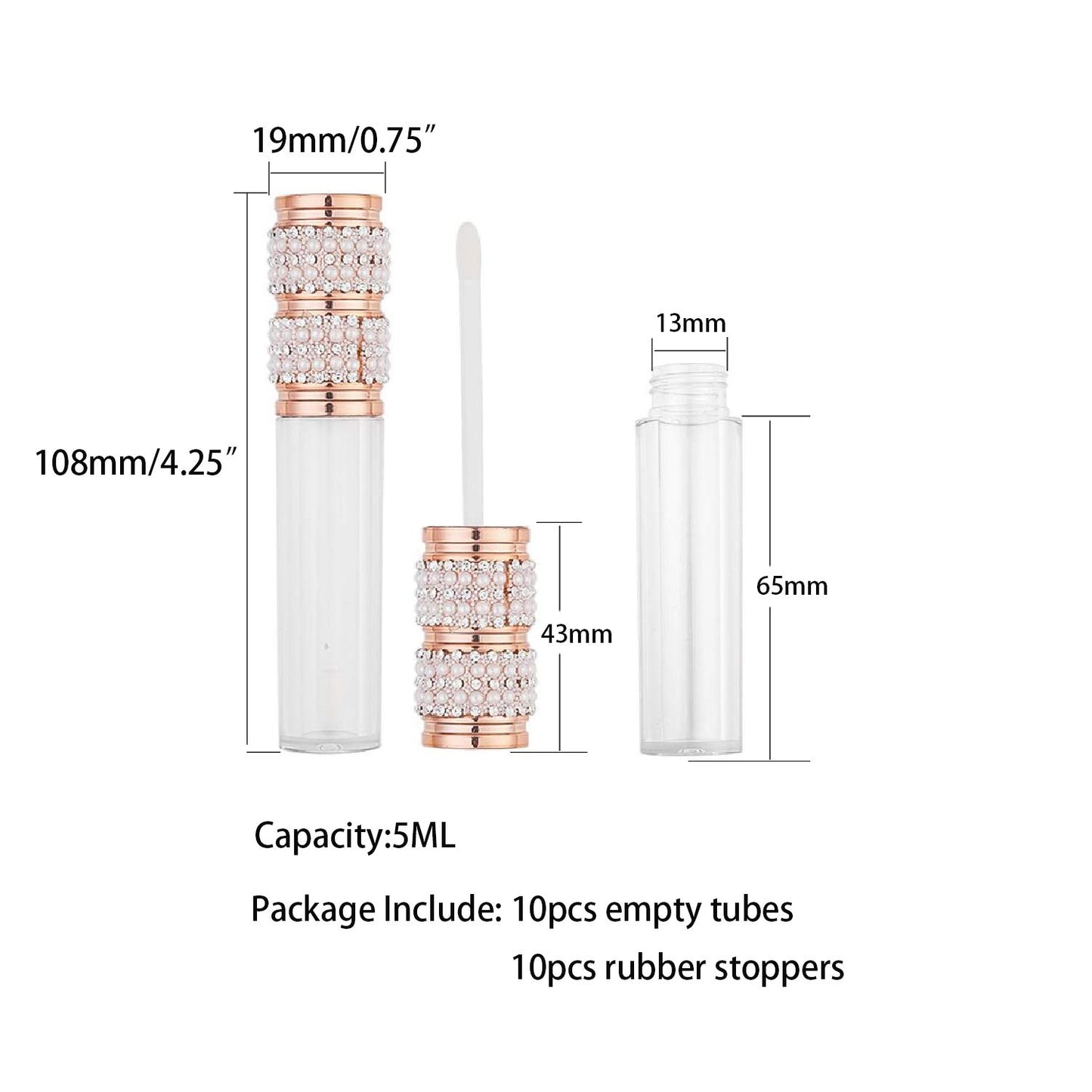 AJLTPA 10 Pack Pearl Diamond Lip Gloss Wand Tubes, 5ml Empty Lip Gloss Containers, Lipgloss Lip Balm Bottles with Rubber Stoppers for Lip Gloss Balm