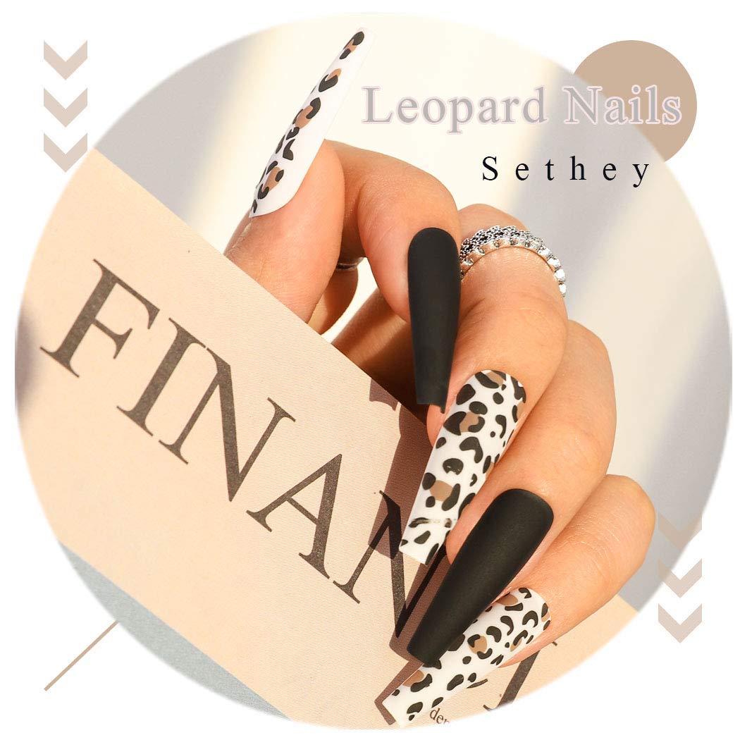 Sethexy Leopard Ballerina False Nail Matte Long Coffin Fake Nails Press on 24Pcs Acrylic Art Nail Tips For Women and Girls (Black)