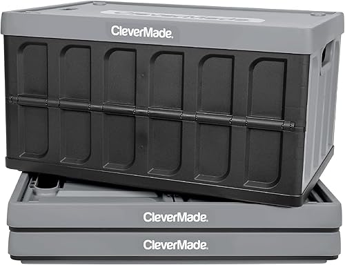 CleverMade Collapsible Storage Bins with Lids - Stone 3 Pack 46L - Plastic Containers Stackable Organization Crates Home Closet Space-Saving Durable