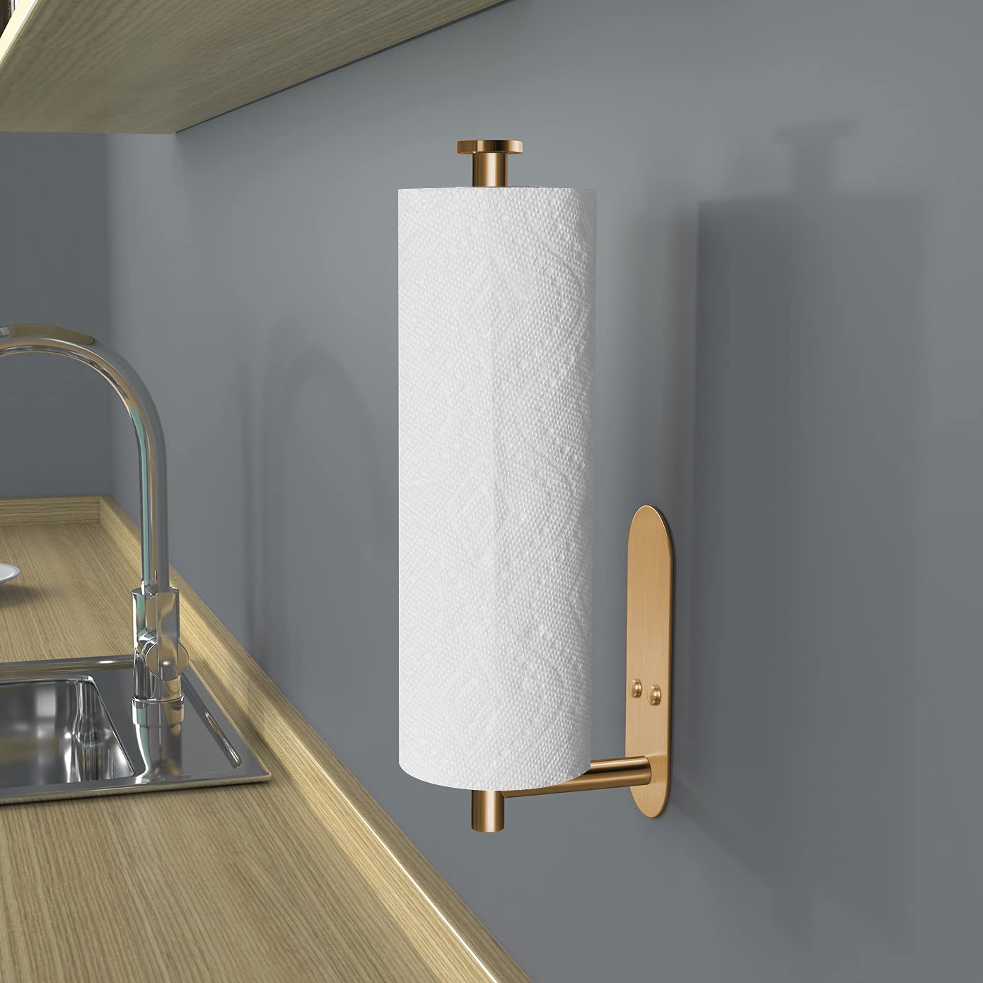 VAEHOLD Self Adhesive Paper Towel Holder – Under Cabinet or Wall Mount, SUS304 Stainless Steel, Gold for Kitchen & Bath