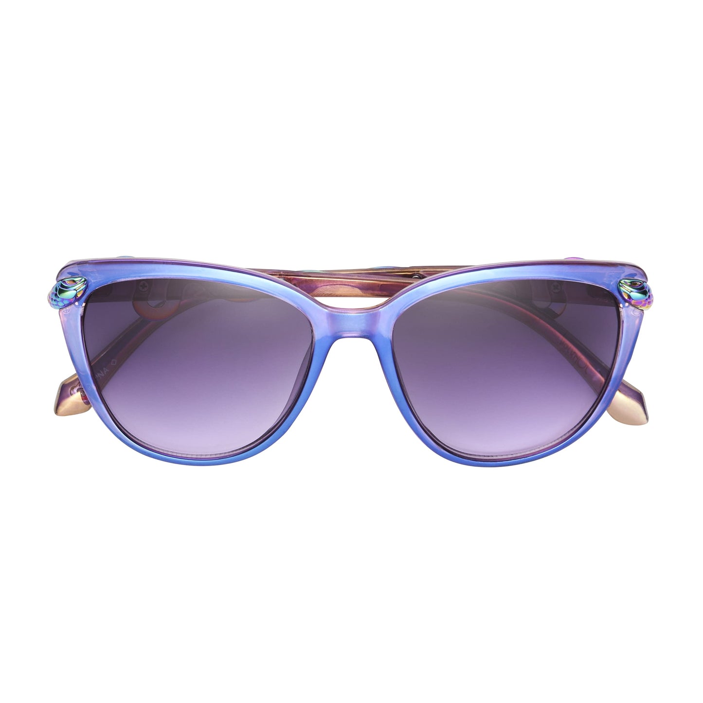 Betsey Johnson Women's Serpentine Cat Eye Sunglasses, Purple Crystal with Oil Slick Snakes, 56mm