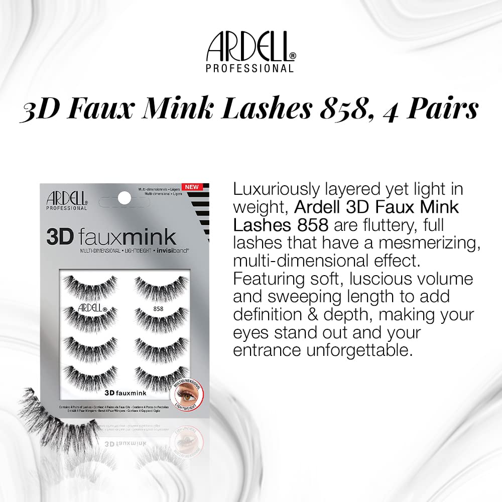 Ardell 3D Faux Mink Lashes 858 - Lightweight False Eyelashes with Invisiband, Reusable Strip Lashes, 4 Pairs