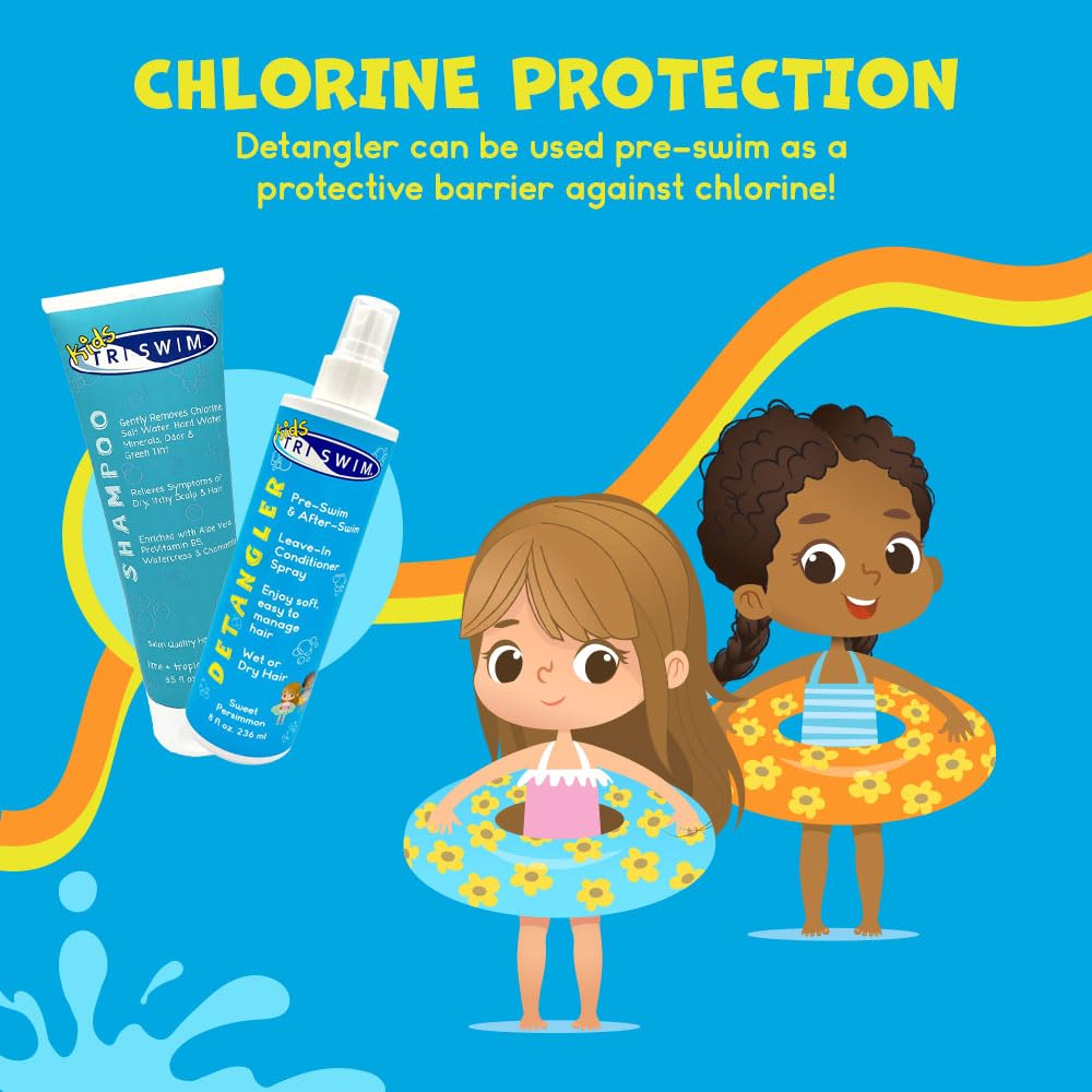 TRISWIM Swim Care Bundle | Chlorine Removal Shampoo 8.5 oz + Kids Detangler Leave-In Conditioner Spray 8 oz | Removes Chlorine & Saltwater | Detangles