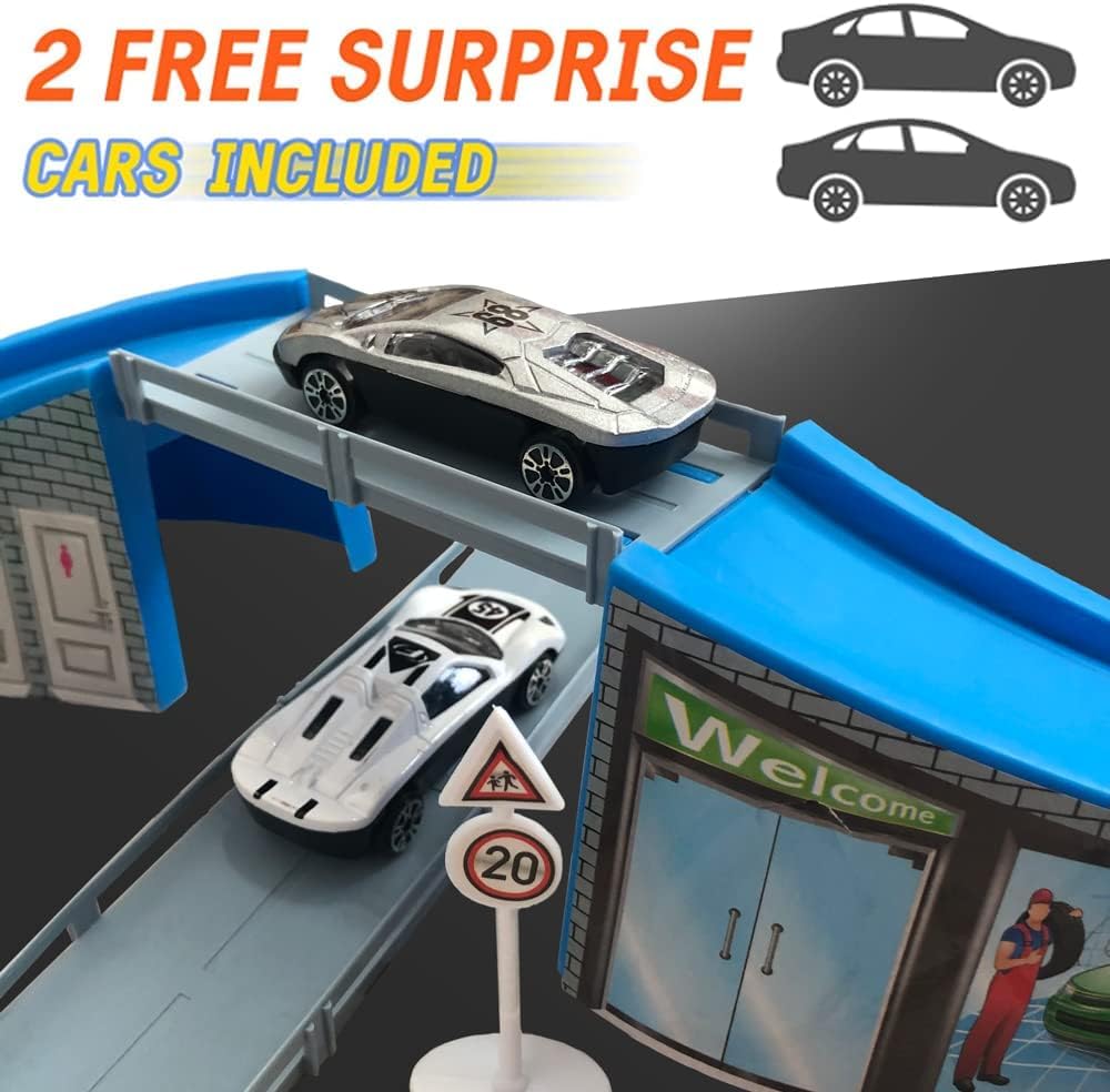 4-Level Garage Toy Set with Race Tracks, Parking Lot, 1 Helicopter & 2 Cars – Durable Vehicle Playset for Boys, Kids & Toddlers