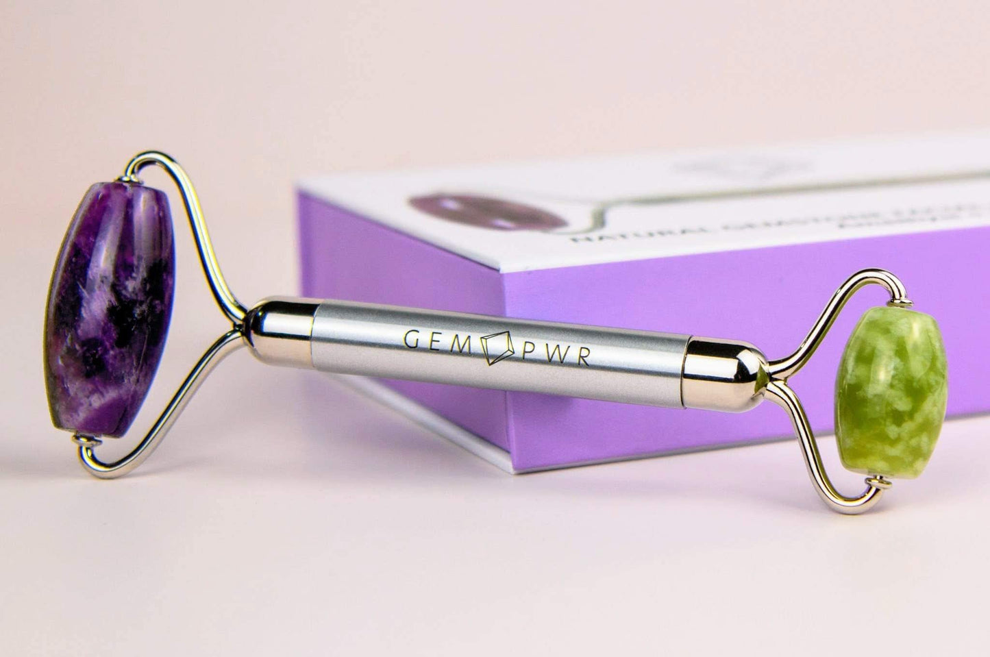 GEM PWR Amethyst + Jade Roller for Face and Neck Massage, Dual Gemstones with Durable Steel Handle and Travel Bag. Minimize Wrinkles, Reduce Puffiness