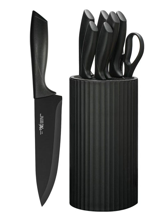 HUNTER.DUAL 8-Piece Chef Knife Set with Universal Block – Sharp, Anti-Rust, Ergonomic Design for Professional & Home Kitchens (Black)