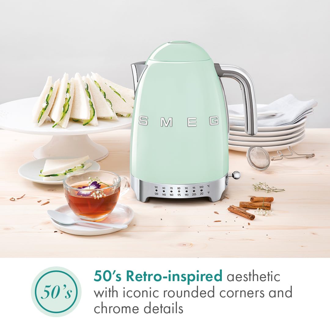 SMEG 7-Cup Variable Temperature Electric Kettle - Retro Style Aesthetic with Advanced Technology - Stainless Steel, 1400W, 120V, 360° Swivel Base…