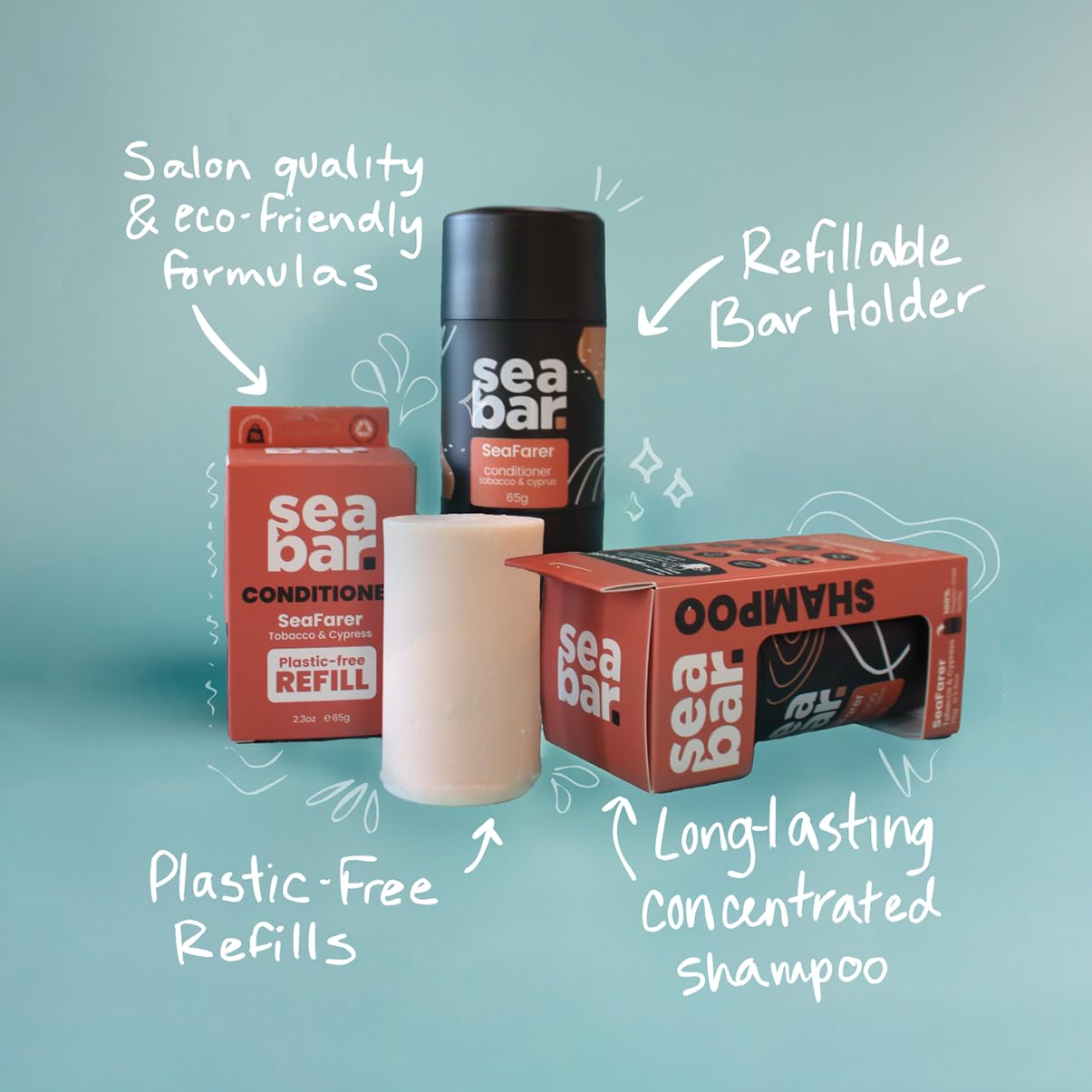 SeaBar Shampoo & Conditioner Bar Set - All Natural Hair Shampoo - Vegan, Sulfate-Free, Eco Friendly Zero Waste Reusable Packaging with Travel