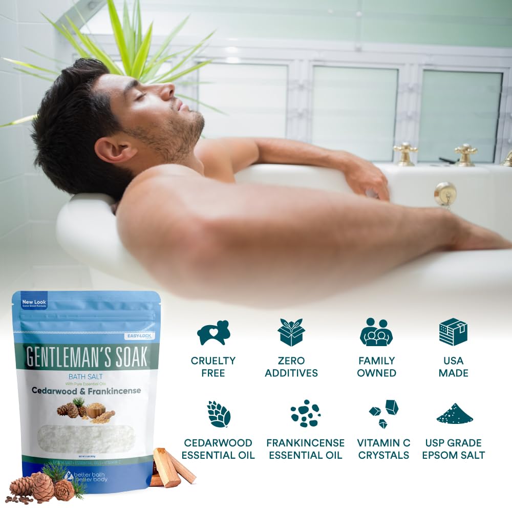 Gentleman's Bath Salt 32 Ounces Epsom Salt with Natural Cedarwood, Frankincense, Eucalyptus and Peppermint Essential Oils Plus Vitamin C in BPA Free