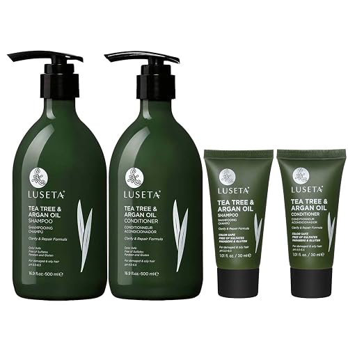 Luseta Tea Tree Shampoo and Conditioner Set - Full and Travel Size for Oily Hair, Clarifying Dandruff with Argan Oil Repair (2x16.9 fl oz + 2x1.01 fl