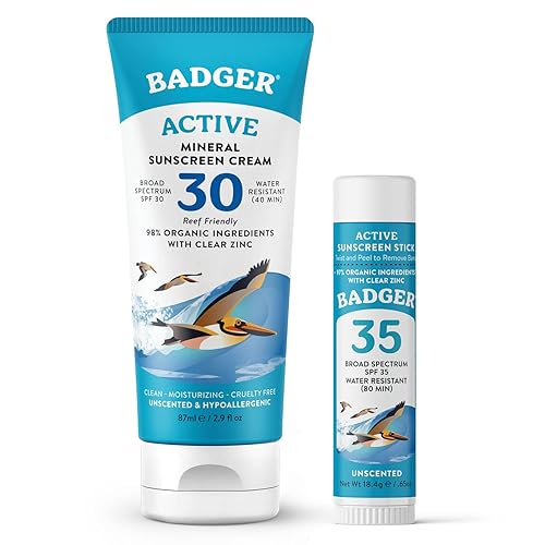 Badger Mineral Sunscreen Combo, SPF 30 Cream & SPF 35 Face Stick, Organic Ingredient with Mineral Zinc Oxide, Unscented Reef Safe Sunscreen Set, Broad