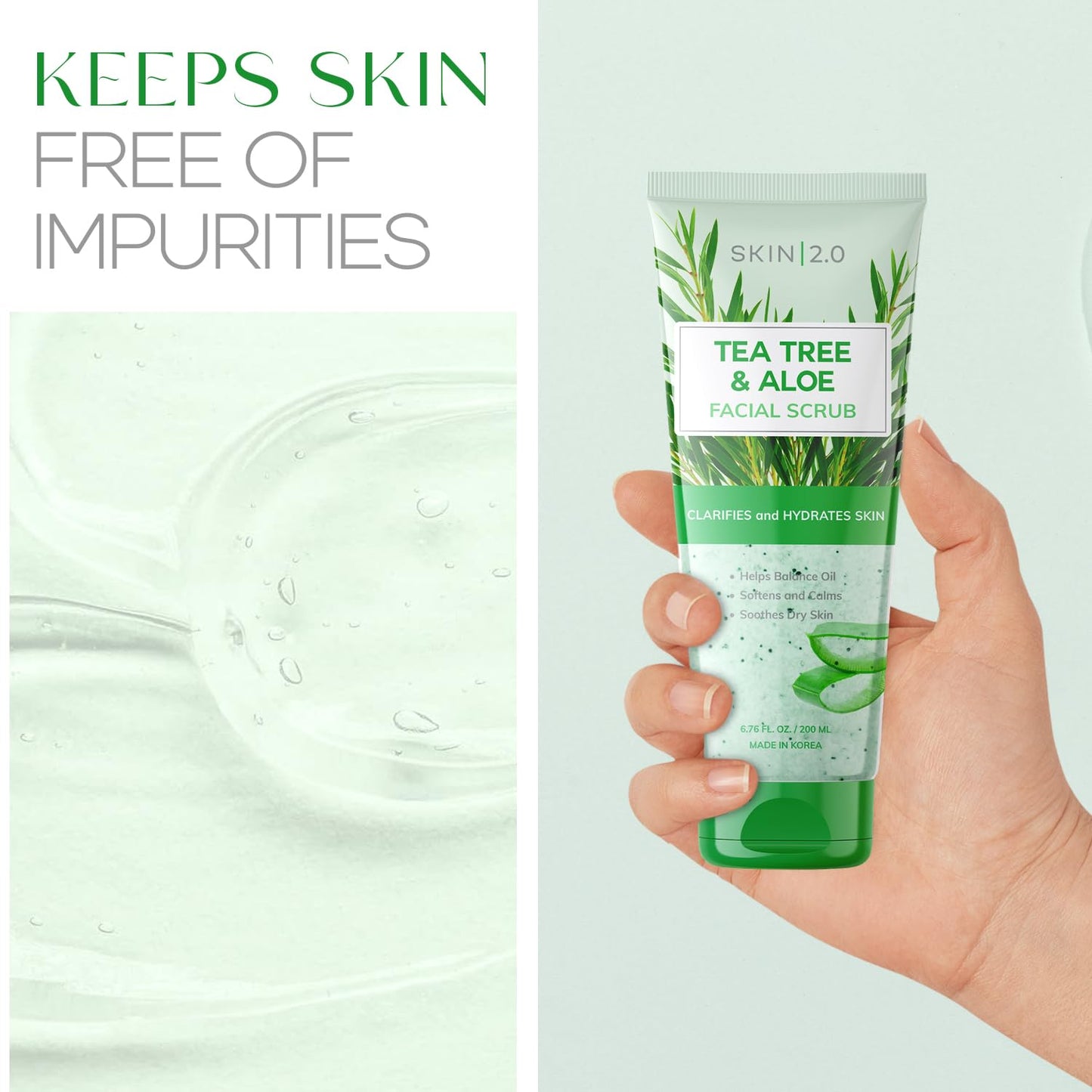 Skin 2.0 Tea Tree & Aloe Gentle Exfoliating Scrub - Dermatologist Tested, Multi-Tasking Cleanser, Clears Skin - Anti-Aging, Clean Beauty, Cruelty-Free