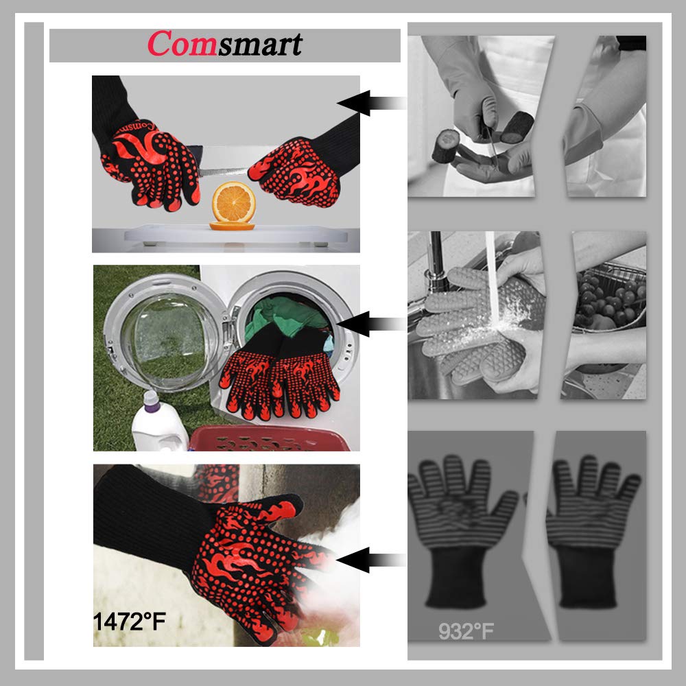 Comsmart BBQ Gloves – 1472°F Heat Resistant, Silicone Non-Slip Oven & Grill Gloves for Barbecue, Cooking, Baking, Cutting