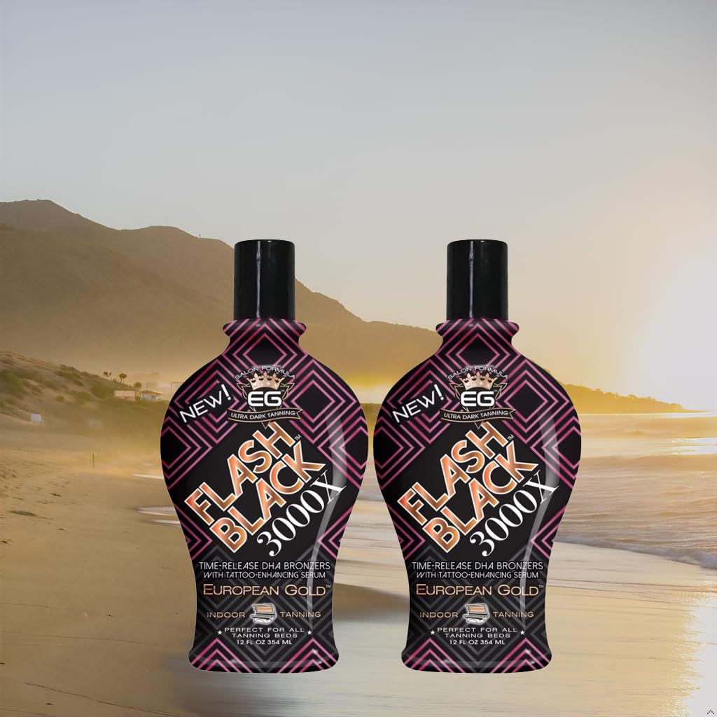 Set of 2: European Gold Flash Black 3000X Indoor Tanning Lotion with Time-Release DHA Bronzers, 12 oz