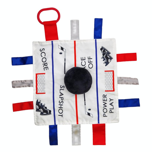 Baby Jack & Co 10x10” Hockey Puck Ice Rink Slapshot Lovey Tag Toy - Crinkle Toy for Developing 5 Senses - Soother - Learn Shapes & Colors - Travel…