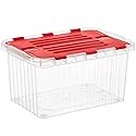 Superio Christmas Storage Box with Red Hinged Lids, Plastic Container Bins for Organizing with Attached Lid, Stackable Crates, BPA Free, Organizers…