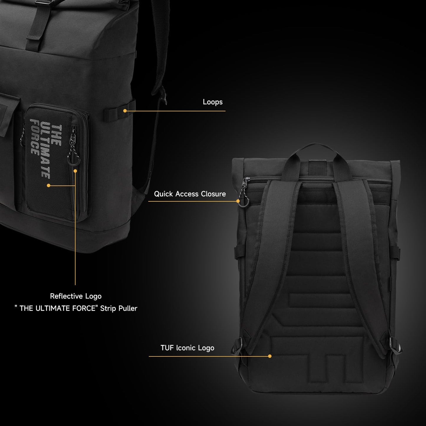 ASUS TUF Gaming VP4700 Backpack, up to 17" laptop, with top folded closure to resize, light weight and durable water repellent for daily usage