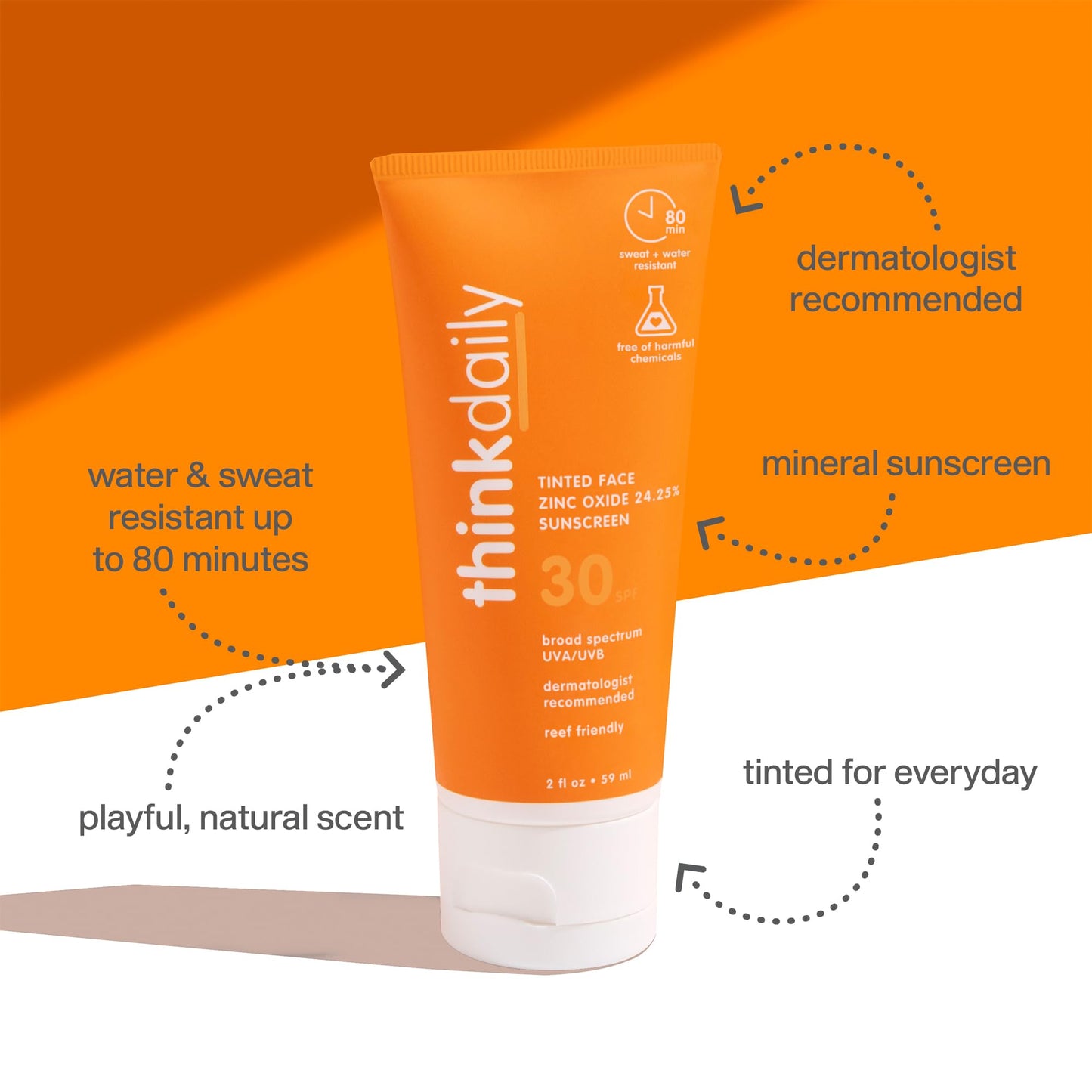 Thinkdaily SPF 30 Tinted Sunscreen for Face with Zinc Oxide, 2 Oz - Safe, Natural, Water Resistant Reef Safe Sunscreen, All Skin Tones, Broad Spectrum