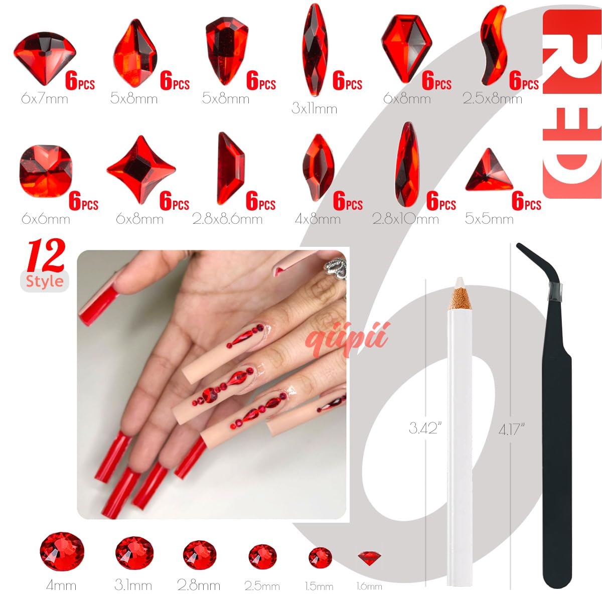 qiipii 2052Pcs Red Nail Rhinestones 72 Multi Shapes Siam Red Rhinestones for Nails Flatback Nail Gems K9 Glass Round Ruby Red Beads Stones Diamonds Beauty and Personal Care qiipii