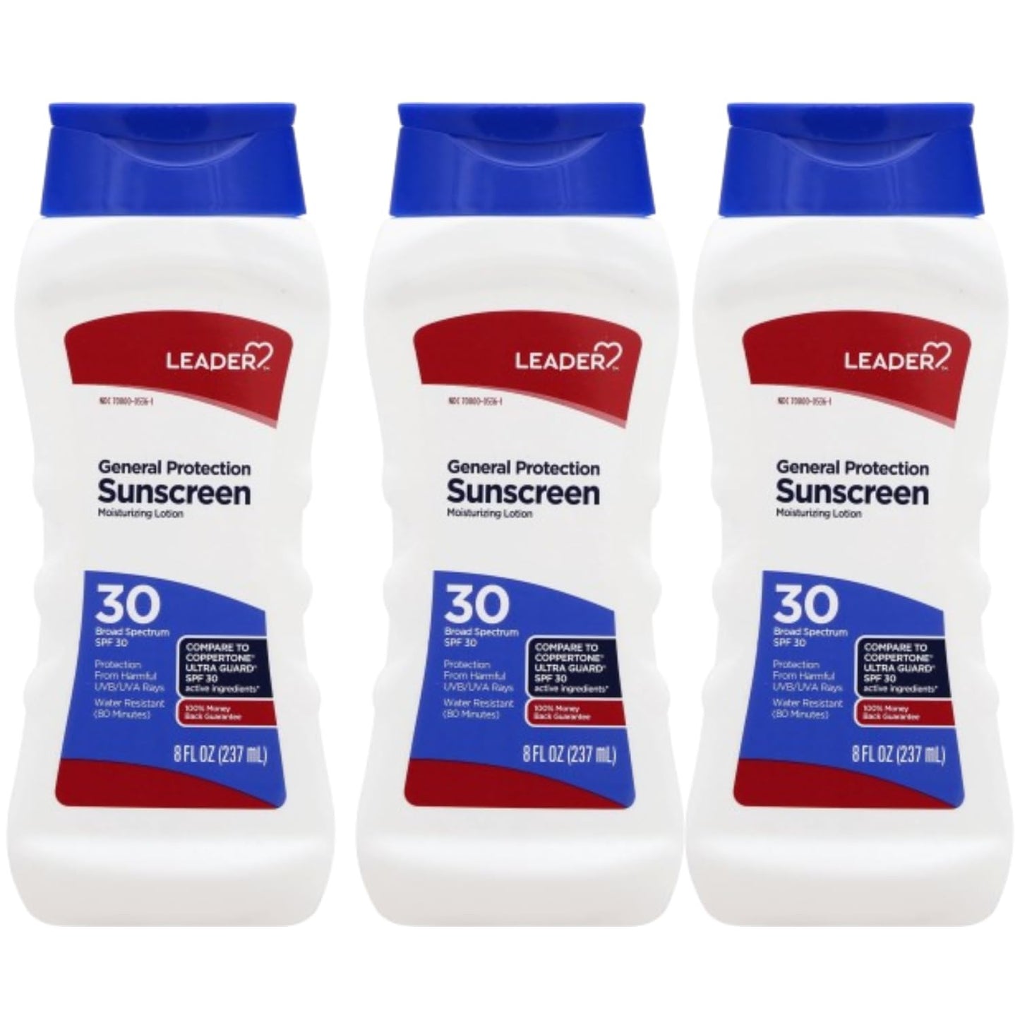 LEADER General Protection Sunscreen Lotion Broad Spectrum SPF 30, Water Resistant Moisturizing Lotion, 8 Ounce, Pack of 3