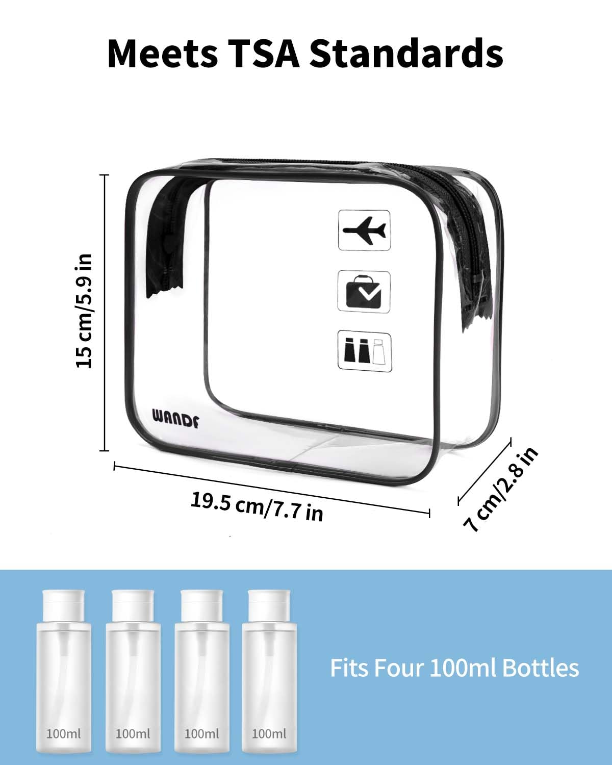 WANDF TSA Approved Toiletry Bag, 3 Pack Clear Makeup Bag Beauty and Personal Care WANDF