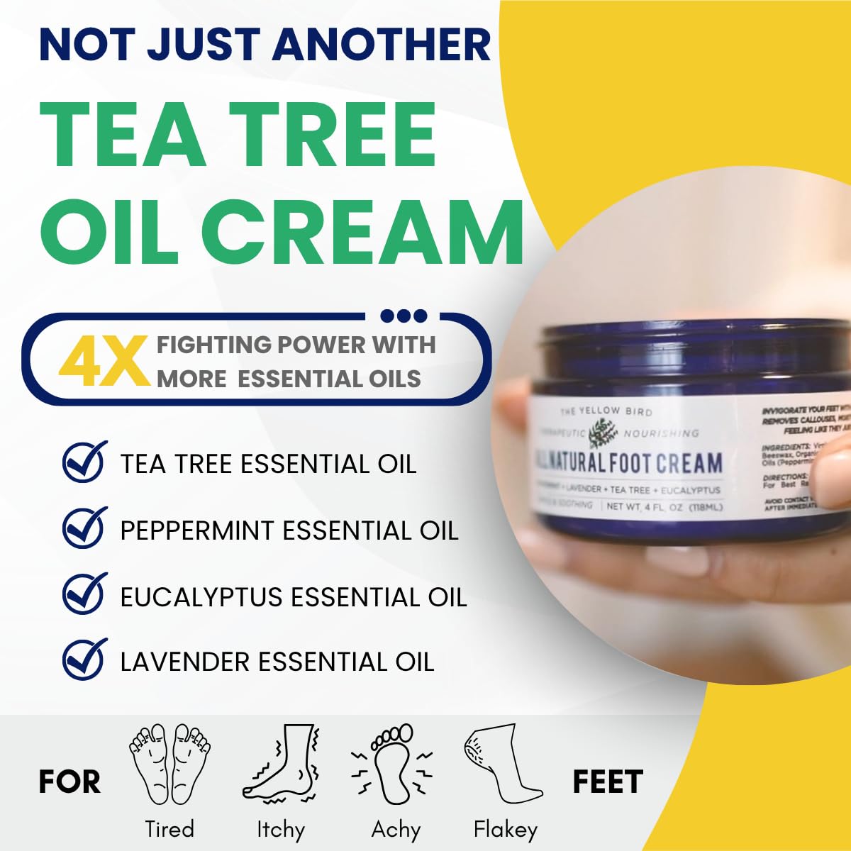Yellow Bird Natural Tea Tree Foot Cream & Organic Foot Balm for Dry, Cracked Feet & Heels - Peppermint Moisturizer for Athlete’s Foot Relief